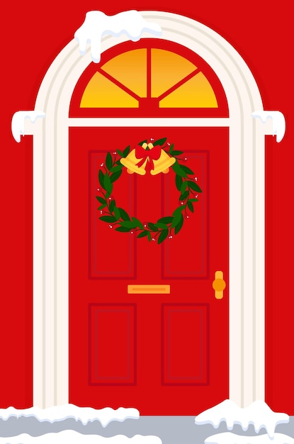 Puerta frontal roja con decoraciones navideñas con una corona de árbol de Navidad Fondo Ilustración vec