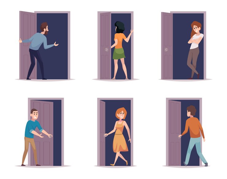 Vector la puerta de la gente de pie al lado de la puerta dejando la entrada de la habitación vector exacto dibujos animados conjunto