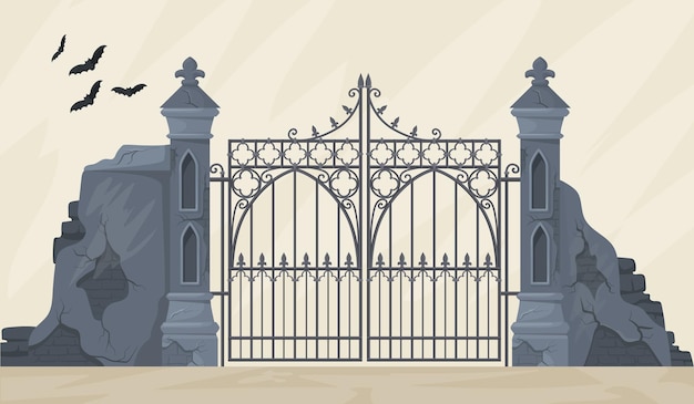 Vector puerta gótica mansión o puertas de entrada al cementerio horror cementerio viejo parque portal metal antiguo valla forjada asilo puerta espeluznante arquitectura señorial dibujos animados ordenada ilustración vectorial de la puerta gótica