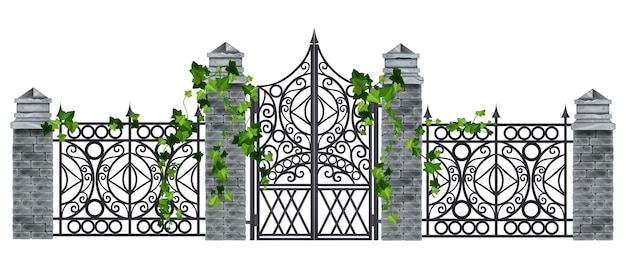 Puerta de hierro forjado metal antiguo vector valla ilustración columna de piedra planta trepadora de hojas de hiedra