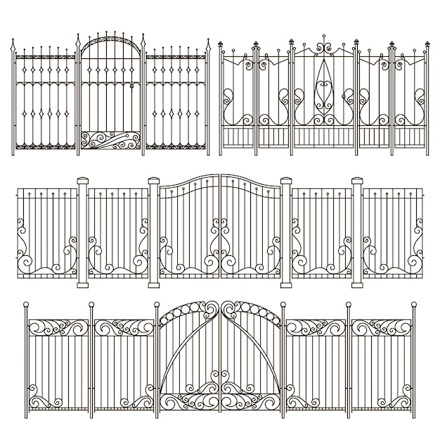 Puerta de hierro y valla de diseño con diferentes elementos decorativos. Ilustraciones vectoriales