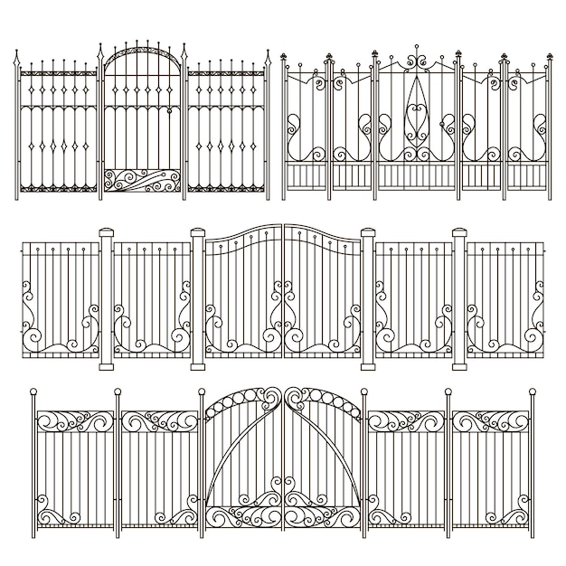 Vector puerta de hierro y valla de diseño con diferentes elementos decorativos. ilustraciones vectoriales