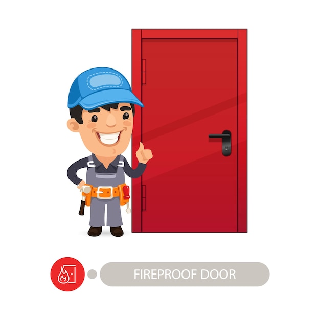 Puerta ignífuga y trabajador