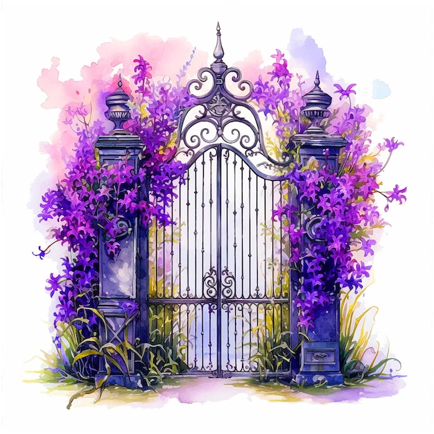 Vector puerta del jardín rodeada de flores pintura en acuarela