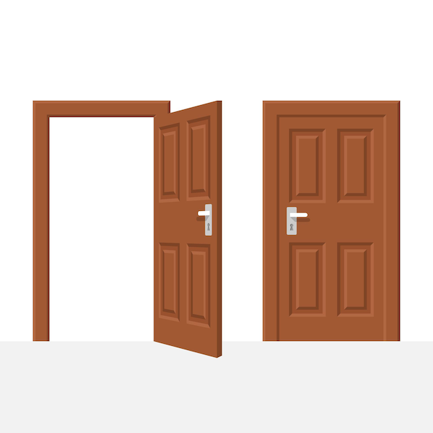 Puerta de madera abierta y cerrada aislada sobre fondo blanco ilustración vectorial estilo plano elemento de diseño interesante