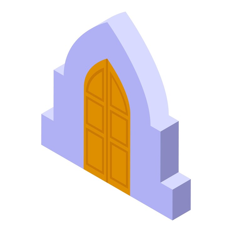 Vector puerta de madera isométrica de la iglesia que invita a entrar y orar