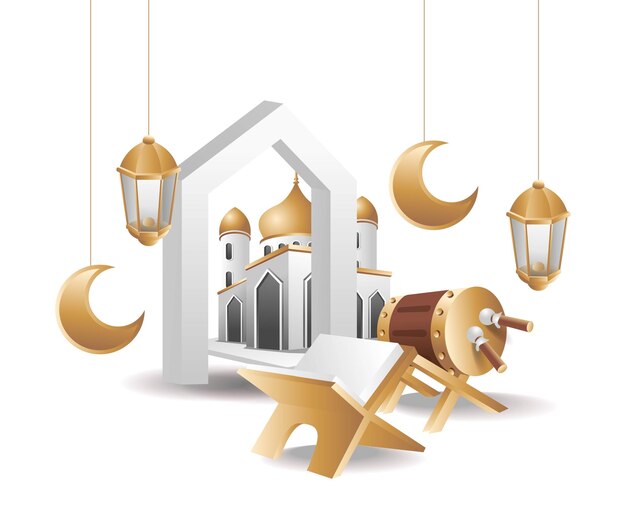 La puerta de la mezquita con el corán el concepto de ilustración de ramadan kareem