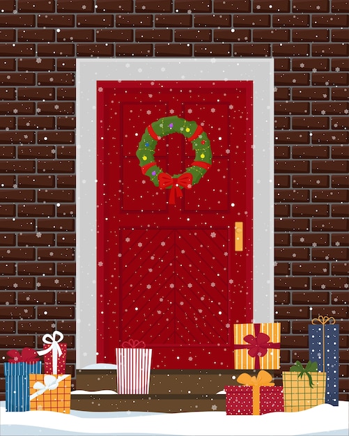 Vector puerta de navidad con pared de ladrillo y muchas cajas de regalo en escalones cubiertos de nieve. ilustración en estilo plano