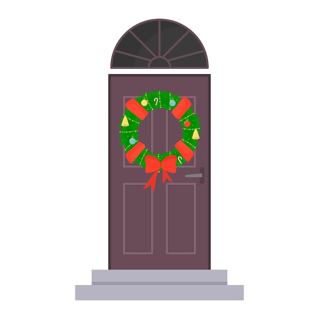 Puerta navideña de la casa. Corona de año nuevo y árboles de Navidad en estilo plano. Ilustración vectorial