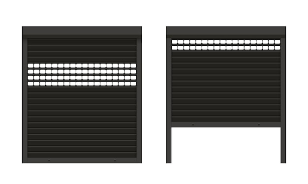 Vector puerta de persiana de garaje enrollable negra cerrada y entreabierta con maqueta de textura realista