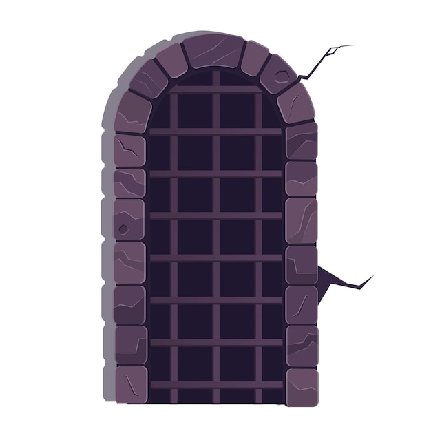 Puerta de piedra con rejas en prisión Puerta de dibujos animados de la ilustración de vector de castillo