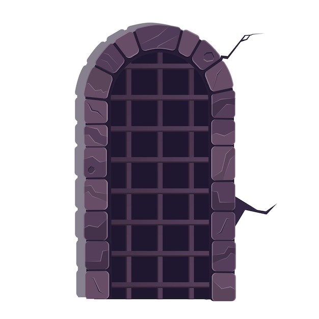 Vector puerta de piedra con rejas en prisión puerta de dibujos animados de la ilustración de vector de castillo