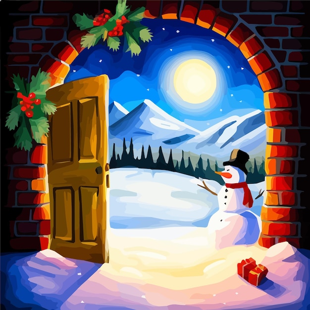 Puerta de postal navideña de año nuevo decorada con una guirnalda junto a una divertida ilustración vectorial de muñeco de nieve