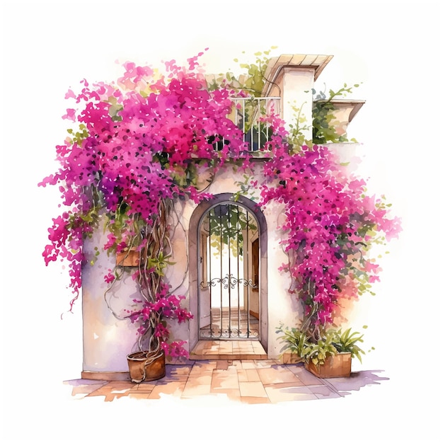 Puerta rodeada de pintura acuarela de flores de Bougainvillea