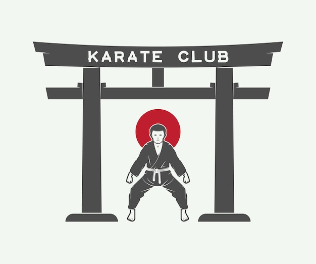 Puerta torii japonesa retro con bandera japonesa y luchador de karate en estilo vintage Ilustración vectorial