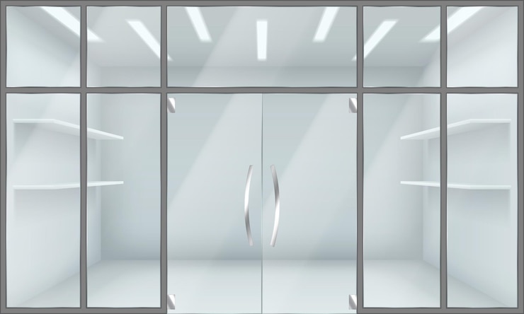Vector puerta de vidrio y fachada de la tienda ilustración 3d realista