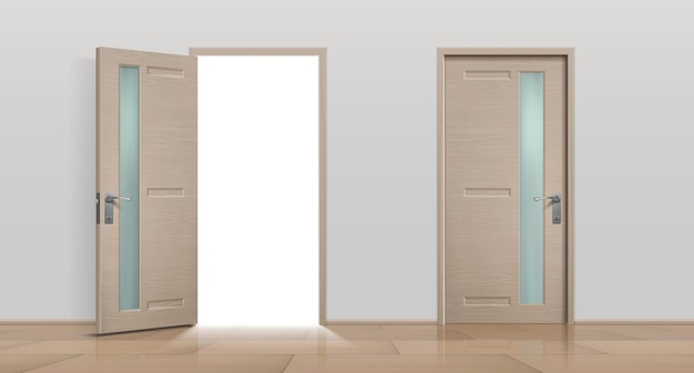 Puertas abiertas y cerradas. Puertas de entrada realistas en 3D, blancas y marrones, para el hogar y la oficina. Conjunto de puertas de apartamentos delanteros diferentes de imagen vectorial aislado sobre fondo blanco.