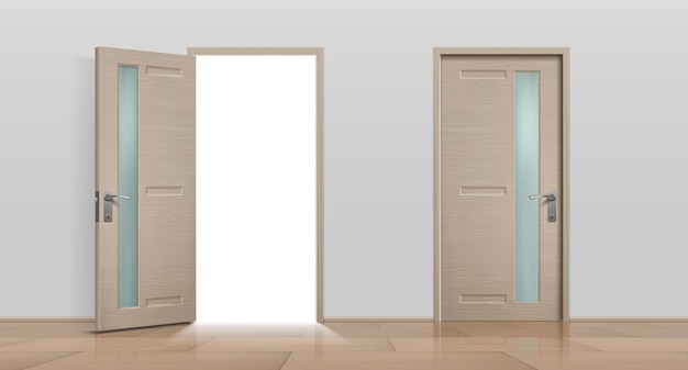 Puertas abiertas y cerradas. puertas de entrada realistas en 3d, blancas y marrones, para el hogar y la oficina. conjunto de puertas de apartamentos delanteros diferentes de imagen vectorial aislado sobre fondo blanco.