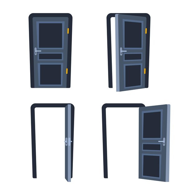 Puertas cerradas y abiertas interior clásico Puertas conjunto de marcos Ilustración vectorial