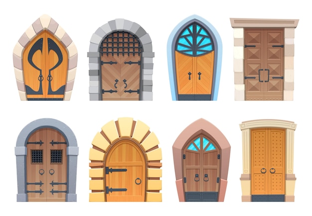 Puertas de dibujos animados y puertas de madera y piedra medieval o de cuento de hadas con arco o entradas rectangulares. elementos de diseño exterior de palacio o castillo con decoración de vidrio forjado y perillas de anillo