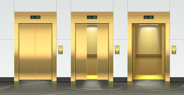 Puertas de entrada de ascensores dorados Ascensores de hotel abiertos y cerrados realistas Suelo de mármol Pasillo de vestíbulo de lujo Puertas de metal Interior de pasillo 3D Puertas de cabina ligeramente metálicas vectoriales