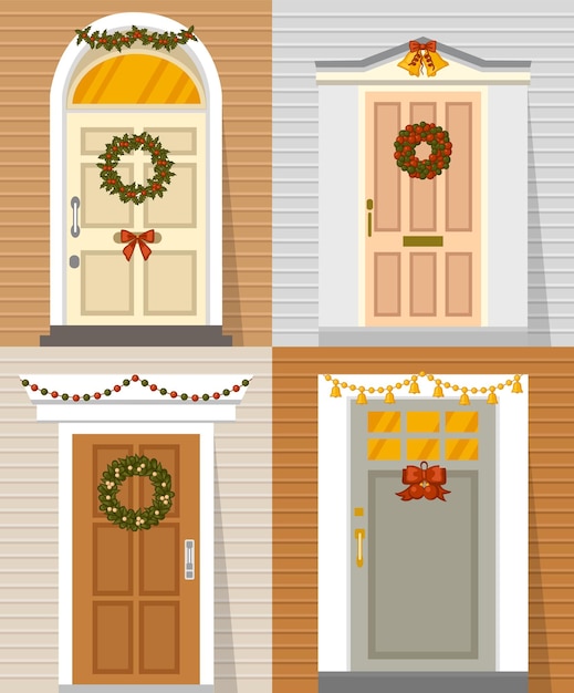 Puertas de entrada de cabañas, casas de campo, casas suburbanas decoradas con coronas navideñas, garland