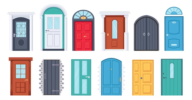 Puertas de entrada. Puerta de madera de la casa vintage de dibujos animados. Puerta con ventana de cristal. Entradas domiciliarias con marco y picaporte. Conjunto de vector de diseño de puertas. Ilustración puerta entrada y entrada en casa
