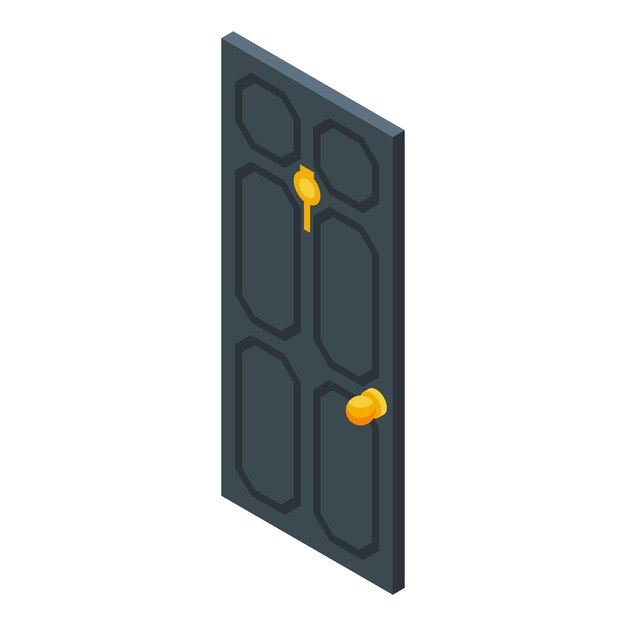 Puertas isométricas de color gris oscuro con mango y agujero de llave dorados