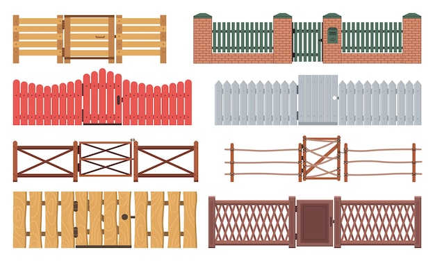 Puertas de valla de madera Entradas exteriores al aire libre Barreras de patio y parque con puertas de entrada Vallas de estilo caricatura Palisadas de jardín y granja Palisadas y setos de límites vectoriales