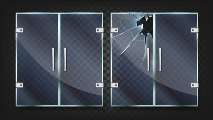 Vector puertas de vidrio con mango de plata y roto