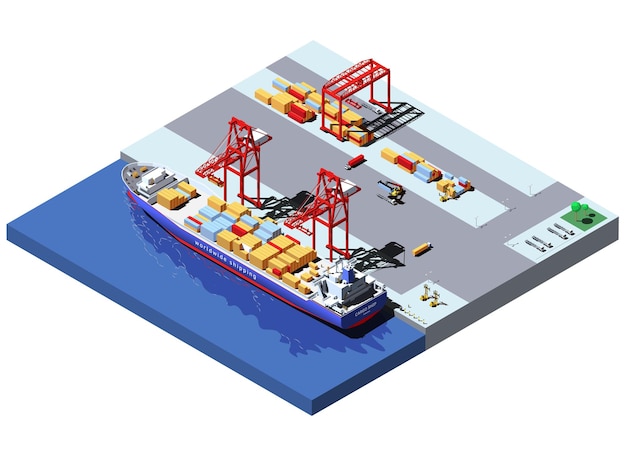 Vector puerto de carga isométrico con dos grúas descargando contenedores de un buque portacontenedores.