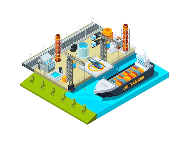 Puerto isométrico. buque de carga tanques de petróleo junto al mar edificios industriales embarcaciones y granjas de combustible ilustración 3d