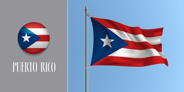 Vector puerto rico ondeando la bandera en el asta de la bandera y la ilustración del icono redondo