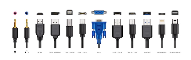 Puerto USB dibujado a mano MI Enchufe de computadora Jack de conexión Carga de relámpago icono mini Ethernet enchufe de teléfono 3D Cargador móvil Hardware electrónico Conector realista tipos conjunto vectorial