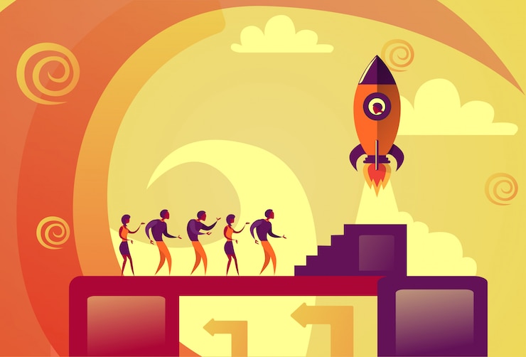 Vector puesta en marcha lanzamiento gente de negocios space rocket flying nuevo concepto de desarrollo de ideas