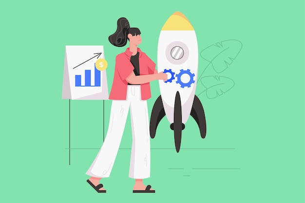 Puesta en marcha y lanzamiento de nuevos negocios concepto plano moderno. La empresaria lanza cohetes, analiza datos financieros y crea una estrategia de desarrollo. Ilustración de vector con escena de personas para diseño de banner web