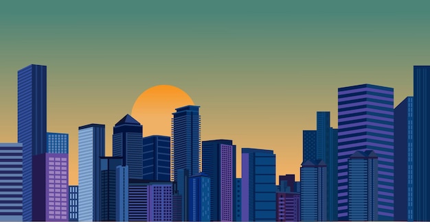 La puesta o el amanecer sobre una ciudad moderna en colores naturales La luz del sol brillante ilumina las siluetas