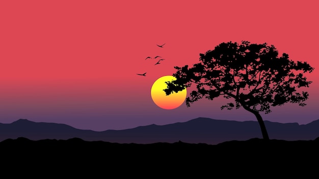 Una puesta de sol con un árbol y una puesta de sol en el fondo.