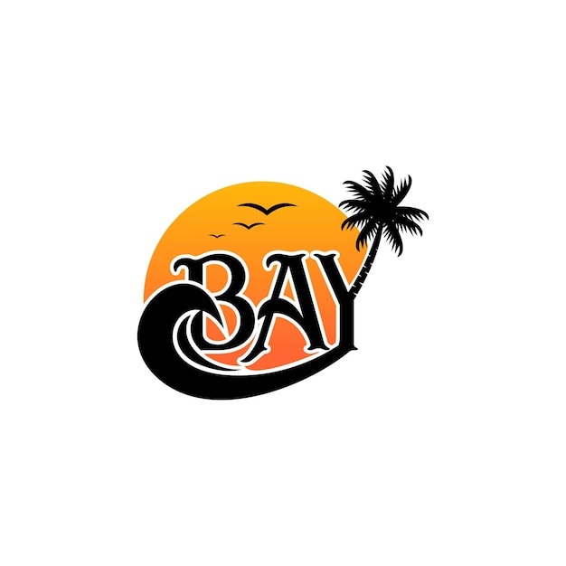 Puesta de sol de la bahía con el logotipo del vector del árbol de coco