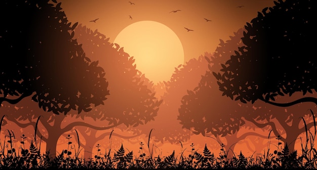 Puesta de sol en el bosque, hermoso paisaje, gran sol, silueta del bosque. Ilustración vectorial