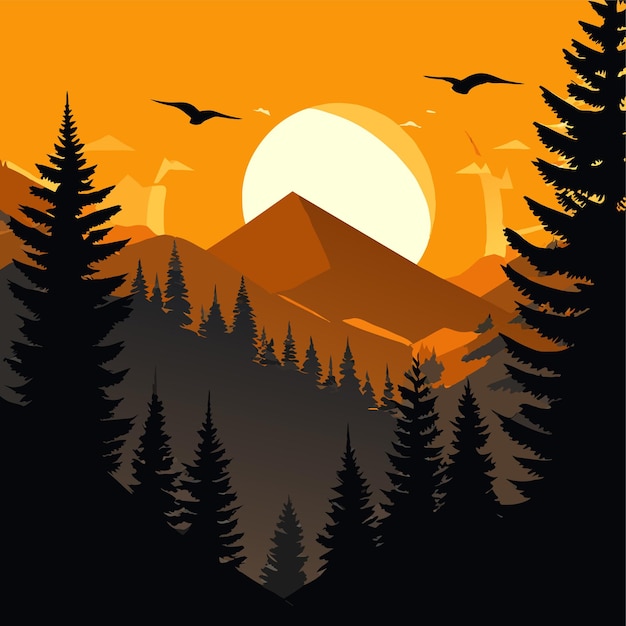 puesta de sol en el bosque de montaña con árboles en silueta ilustración vectorial