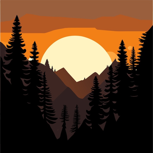 puesta de sol en el bosque de montaña con árboles en silueta ilustración vectorial