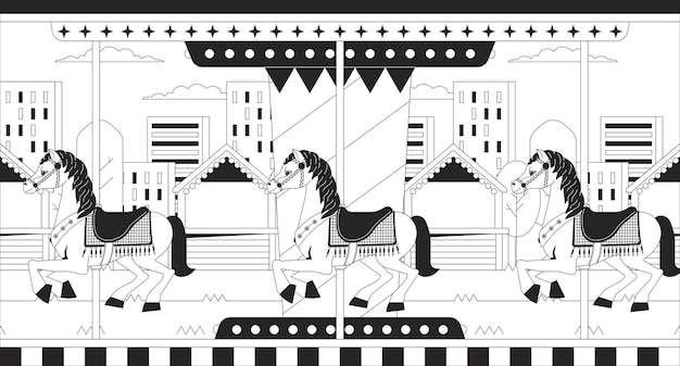 Puesta de sol ciudad carrusel caballos blanco y negro lofi fondo de pantalla Feria tiovivo urbano 2D contorno escena dibujos animados ilustración plana Retro parque de atracciones vector línea lo fi fondo estético