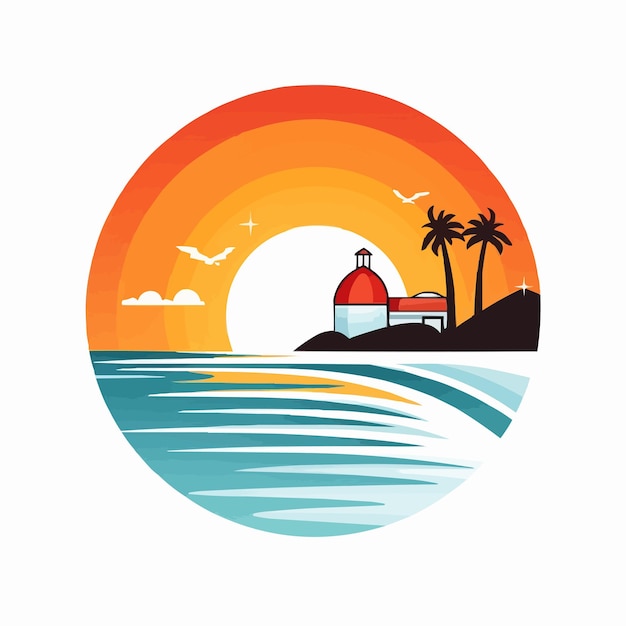 puesta de sol colorida con un faro y un logotipo de verano de palmeras