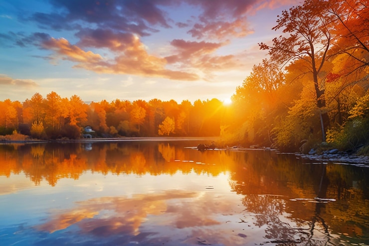Vector una puesta de sol colorida sobre un lago con una rama de árbol en primer plano