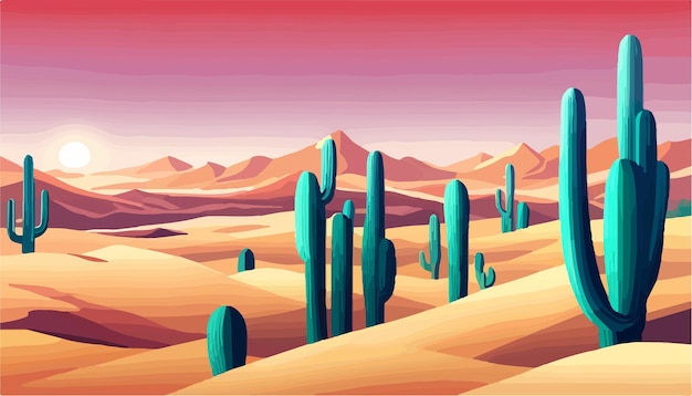 Vector puesta de sol en el desierto de méxico con cactus en el fondo de piedras e ilustración vectorial del cielo