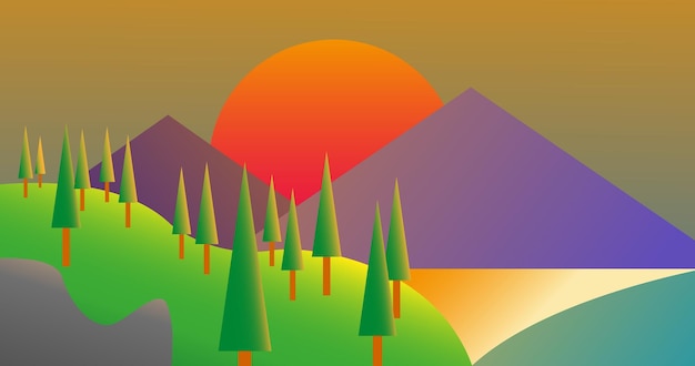 Vector puesta de sol detrás de dos paisajes montañosos con estilo geométrico para papel tapiz de fondo, etc.