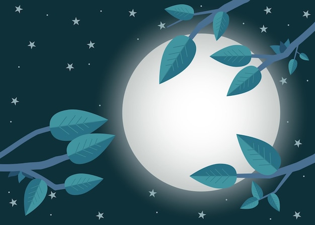 Puesta de sol de dibujos animados Ilustración vectorial plana Árboles hojas luna y noche