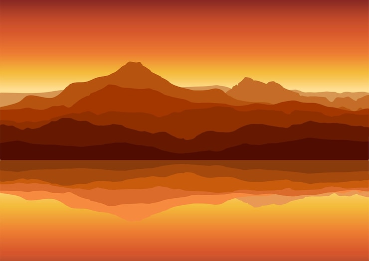 Vector la puesta de sol en las enormes montañas cerca del lago