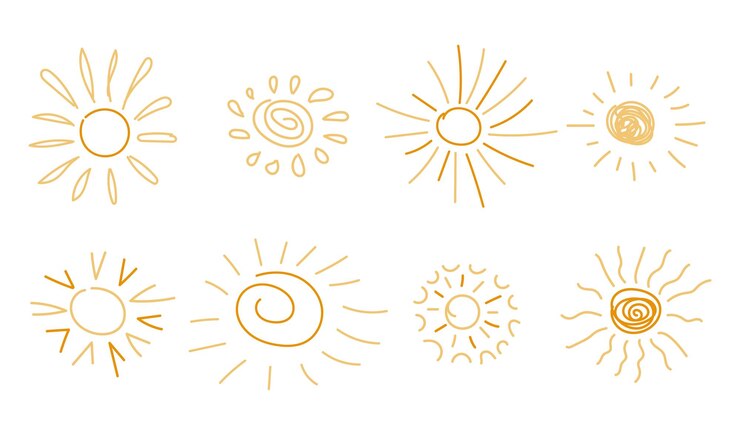 Vector puesta de sol de fideos dibujados a mano. lindas ilustraciones de rayos de sol amarillos. estilo de dibujo de garabatos infantiles